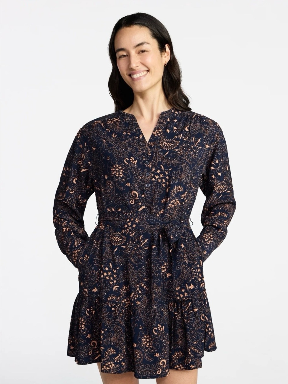 Time and Tru Women's Navy Floral Long-Sleeve Tiered Dress-Medium